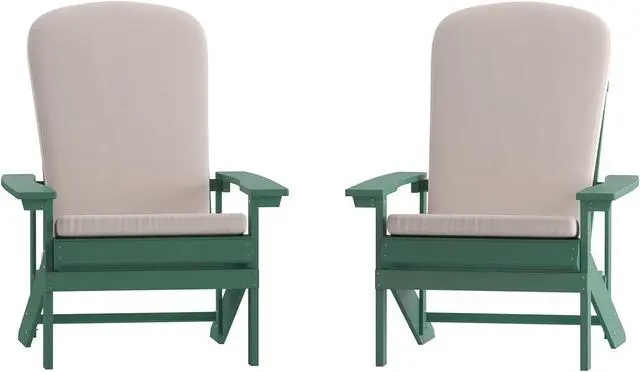 Alt view image 3 of 13 - Charlestown Set of 2 All-Weather Poly Resin Wood Adirondack Chairs in Green with Cream Cushions for Deck, Porch, and Patio