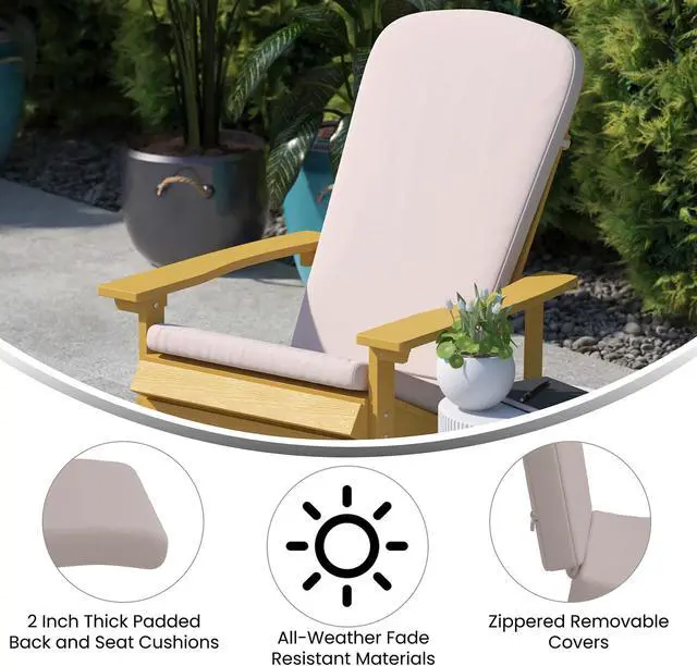 Alt view image 4 of 13 - Charlestown Set of 2 All-Weather Poly Resin Wood Adirondack Chairs in Green with Cream Cushions for Deck, Porch, and Patio
