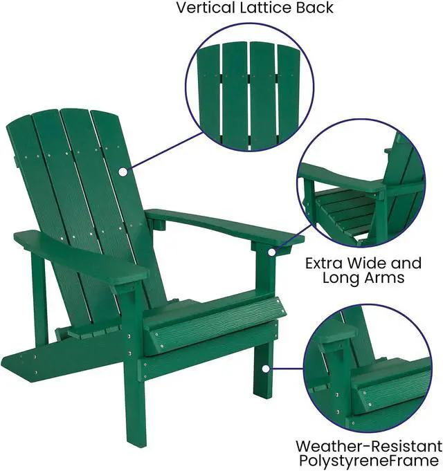 Alt view image 5 of 13 - Charlestown Set of 2 All-Weather Poly Resin Wood Adirondack Chairs in Green with Cream Cushions for Deck, Porch, and Patio