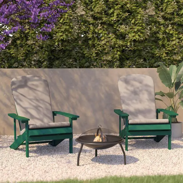 Alt view image 6 of 13 - Charlestown Set of 2 All-Weather Poly Resin Wood Adirondack Chairs in Green with Cream Cushions for Deck, Porch, and Patio