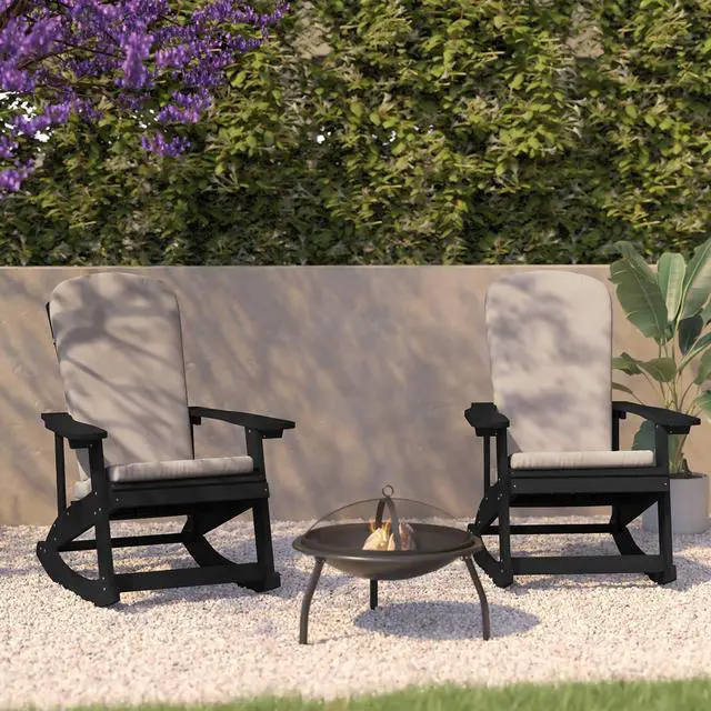 Alt view image 2 of 20 - Charlestown Set of 2 All-Weather Poly Resin Wood Adirondack Chairs in Slate Gray with Cream Cushions for Deck, Porch, and Patio