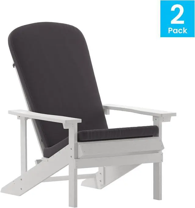 Main image of Charlestown Set of 2 All-Weather Poly Resin Wood Adirondack Chairs in White with Gray Cushions for Deck, Porch, and Patio