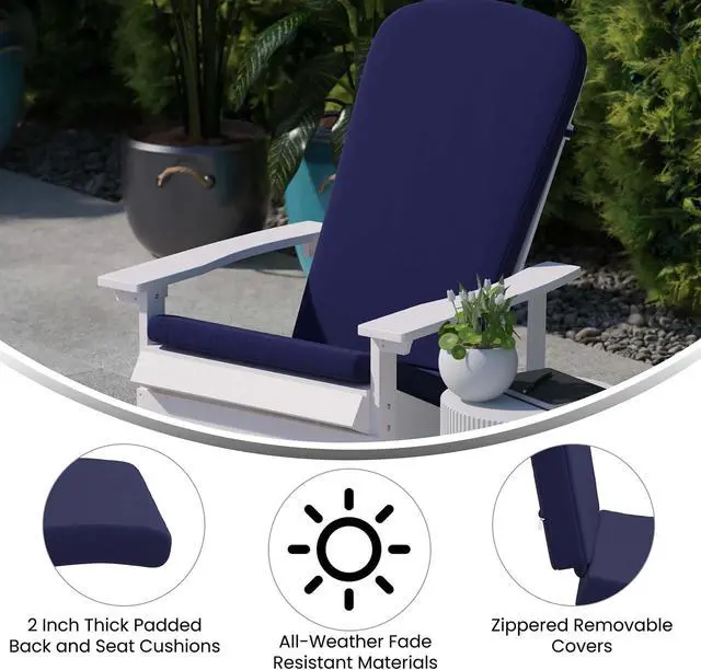 Alt view image 4 of 13 - Charlestown Set of 2 All-Weather Poly Resin Indoor/Outdoor Folding Adirondack Chairs in White with Blue Cushions for Deck, Porch, and Patio