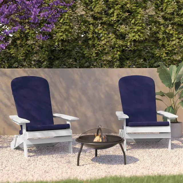 Alt view image 2 of 13 - Charlestown Set of 2 All-Weather Poly Resin Indoor/Outdoor Folding Adirondack Chairs in White with Blue Cushions for Deck, Porch, and Patio