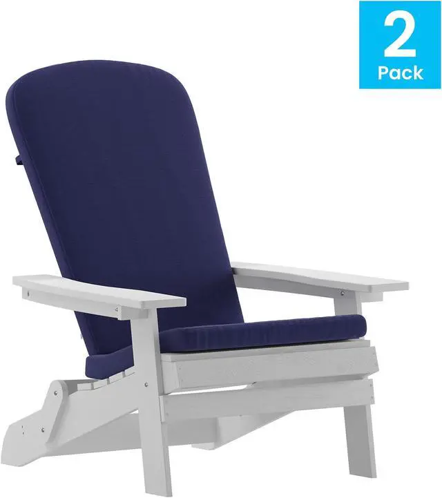 Main image of Charlestown Set of 2 All-Weather Poly Resin Indoor/Outdoor Folding Adirondack Chairs in White with Blue Cushions for Deck, Porch, and Patio
