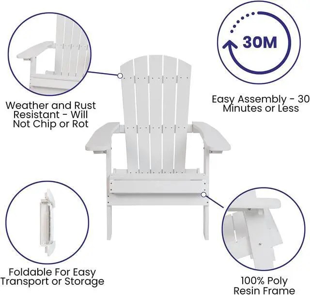 Alt view image 5 of 13 - Charlestown Set of 2 All-Weather Poly Resin Indoor/Outdoor Folding Adirondack Chairs in White with Blue Cushions for Deck, Porch, and Patio