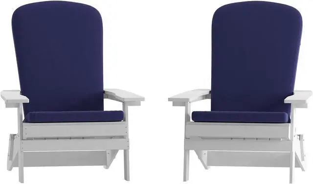 Alt view image 3 of 13 - Charlestown Set of 2 All-Weather Poly Resin Indoor/Outdoor Folding Adirondack Chairs in White with Blue Cushions for Deck, Porch, and Patio