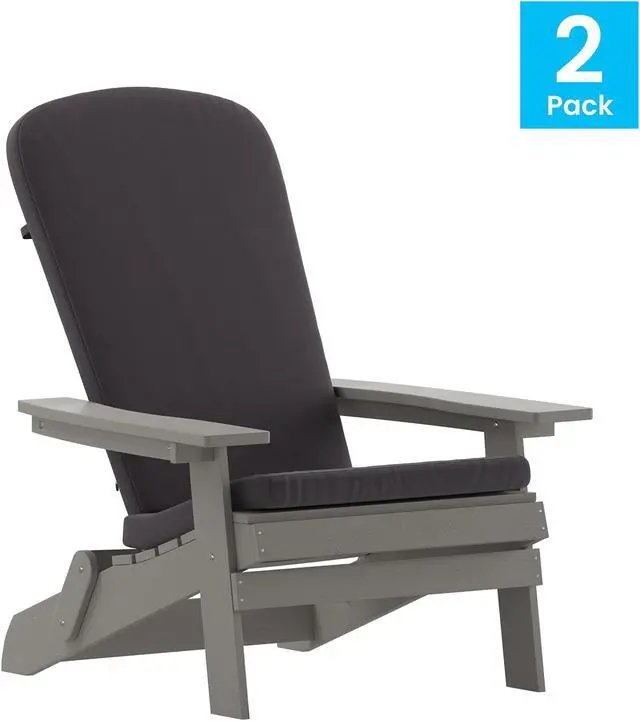Main image of Charlestown Set of 2 All-Weather Poly Resin Indoor/Outdoor Folding Adirondack Chairs in Gray with Gray Cushions for Deck, Porch, and Patio