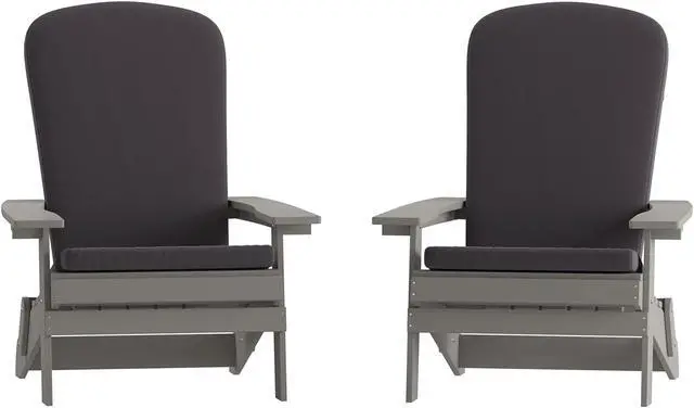 Alt view image 3 of 13 - Charlestown Set of 2 All-Weather Poly Resin Indoor/Outdoor Folding Adirondack Chairs in Gray with Gray Cushions for Deck, Porch, and Patio