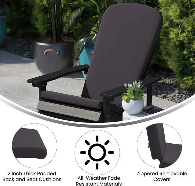 Alt view image 4 of 13 - Charlestown Set of 2 All-Weather Poly Resin Indoor/Outdoor Folding Adirondack Chairs in Gray with Gray Cushions for Deck, Porch, and Patio