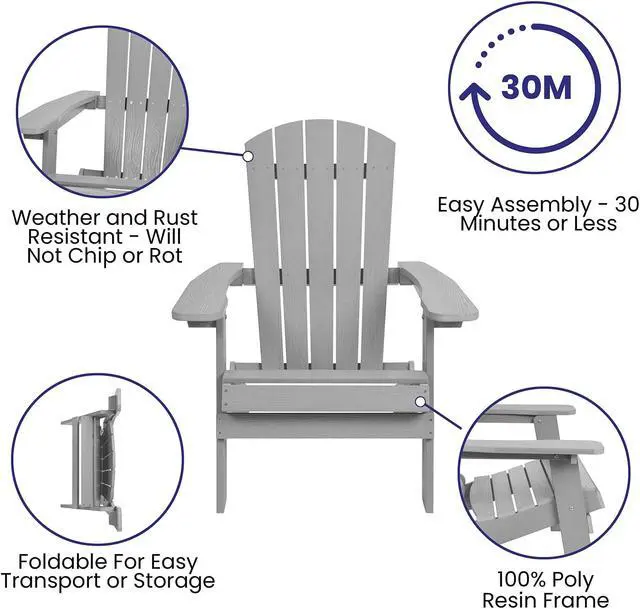 Alt view image 5 of 13 - Charlestown Set of 2 All-Weather Poly Resin Indoor/Outdoor Folding Adirondack Chairs in Gray with Gray Cushions for Deck, Porch, and Patio