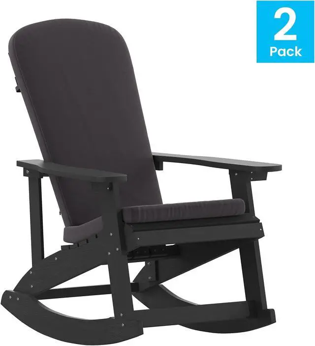 Main image of Savannah Set of 2 All-Weather Poly Resin Wood Adirondack Rocking Chairs in Black with Gray Cushions for Deck, Porch, and Patio