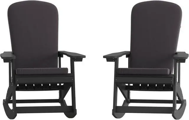 Alt view image 3 of 13 - Savannah Set of 2 All-Weather Poly Resin Wood Adirondack Rocking Chairs in Black with Gray Cushions for Deck, Porch, and Patio