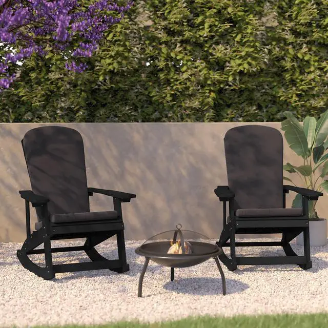 Alt view image 6 of 13 - Savannah Set of 2 All-Weather Poly Resin Wood Adirondack Rocking Chairs in Black with Gray Cushions for Deck, Porch, and Patio
