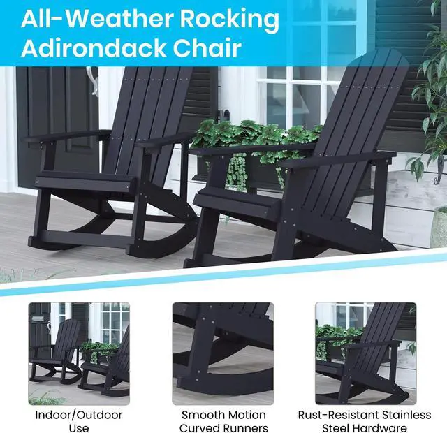 Alt view image 5 of 13 - Savannah Set of 2 All-Weather Poly Resin Wood Adirondack Rocking Chairs in Black with Gray Cushions for Deck, Porch, and Patio