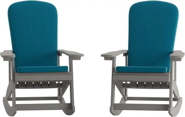 Alt view image 3 of 20 - Savannah Set of 2 All-Weather Poly Resin Wood Adirondack Rocking Chairs in Gray with Teal Cushions for Deck, Porch, and Patio