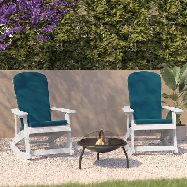 Alt view image 2 of 20 - Savannah Set of 2 All-Weather Poly Resin Wood Adirondack Rocking Chairs in White with Teal Cushions for Deck, Porch, and Patio