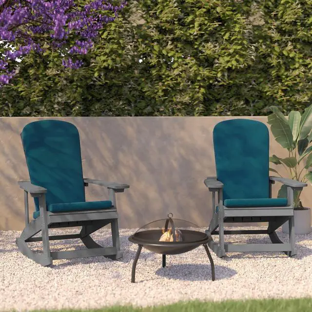 Alt view image 2 of 20 - Savannah Set of 2 All-Weather Poly Resin Wood Adirondack Rocking Chairs in Gray with Teal Cushions for Deck, Porch, and Patio