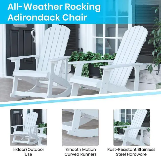 Alt view image 5 of 20 - Savannah Set of 2 All-Weather Poly Resin Wood Adirondack Rocking Chairs in White with Teal Cushions for Deck, Porch, and Patio