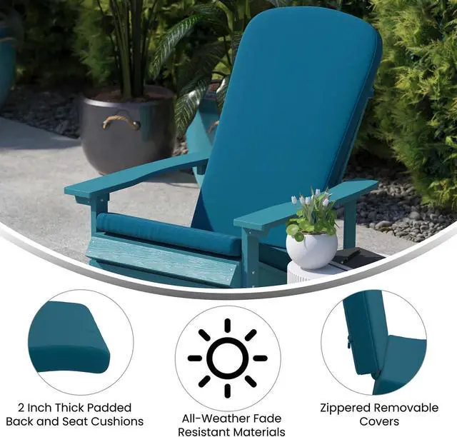 Alt view image 4 of 20 - Savannah Set of 2 All-Weather Poly Resin Wood Adirondack Rocking Chairs in White with Teal Cushions for Deck, Porch, and Patio