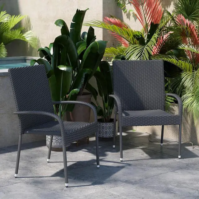 Alt view image 3 of 20 - Maxim Set of 2 Stackable Indoor/Outdoor Wicker Dining Chairs with Arms - Fade & Weather-Resistant Steel Frames - Gray