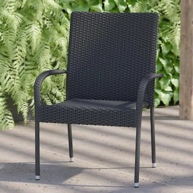 Alt view image 4 of 20 - Maxim Set of 2 Stackable Indoor/Outdoor Wicker Dining Chairs with Arms - Fade & Weather-Resistant Steel Frames - Gray