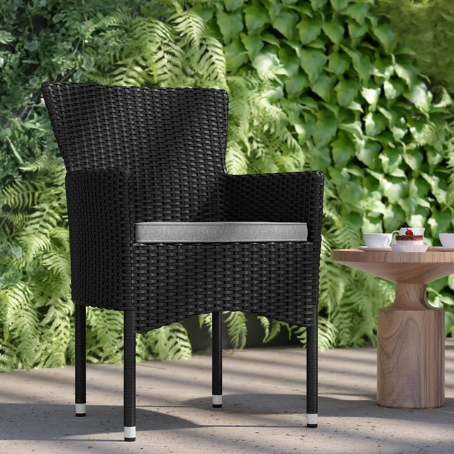 Alt view image 4 of 13 - Maxim Modern Black Wicker Patio Armchairs for Deck or Backyard, Fade and Weather-Resistant Frames and Gray Cushions-Set of 2