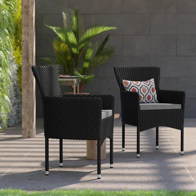 Alt view image 3 of 13 - Maxim Modern Black Wicker Patio Armchairs for Deck or Backyard, Fade and Weather-Resistant Frames and Gray Cushions-Set of 2