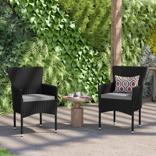 Alt view image 6 of 13 - Maxim Modern Black Wicker Patio Armchairs for Deck or Backyard, Fade and Weather-Resistant Frames and Gray Cushions-Set of 2