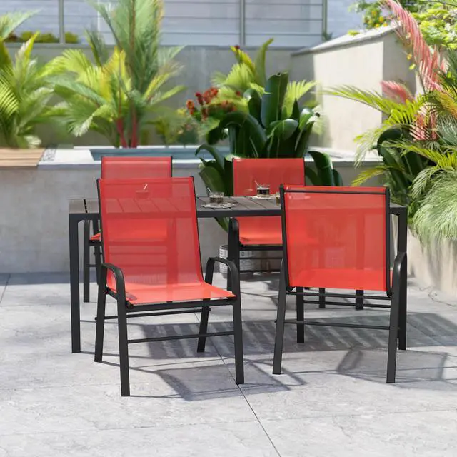 Alt view image 6 of 20 - 4 Pack Brazos Series Black Outdoor Stack Chair with Flex Comfort Material and Metal Frame