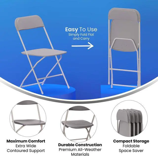Alt view image 4 of 16 - Hercules Big and Tall Commercial Folding Chair - Extra Wide 650LB. Capacity - Durable Plastic - Gray, 4-Pack