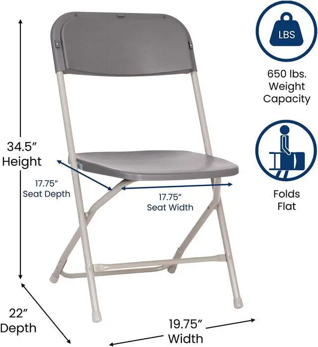 Alt view image 5 of 16 - Hercules Big and Tall Commercial Folding Chair - Extra Wide 650LB. Capacity - Durable Plastic - Gray, 4-Pack