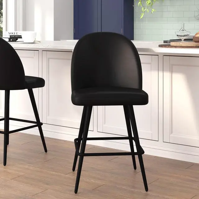 Alt view image 13 of 13 - Lyla Set of 2 Commercial High Back Modern Armless 26" Counter Stools with Contoured Backrests, Steel Frames and Footrests, Black LeatherSoft-Set of 2