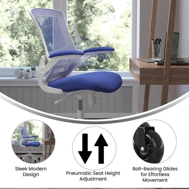 Alt view image 3 of 20 - Kelista Mid-Back Blue Mesh Swivel Ergonomic Task Office Chair with White Frame, Flip-Up Arms, and Transparent Roller Wheels