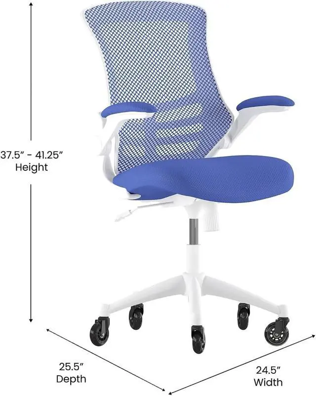 Alt view image 4 of 20 - Kelista Mid-Back Blue Mesh Swivel Ergonomic Task Office Chair with White Frame, Flip-Up Arms, and Transparent Roller Wheels