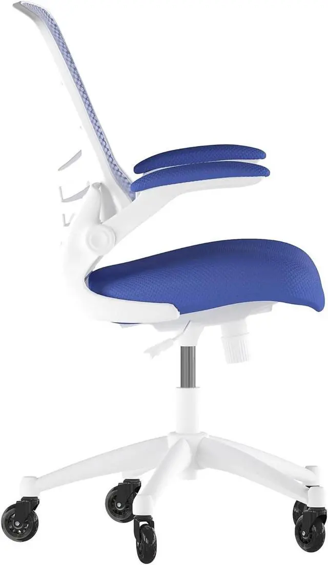Alt view image 5 of 20 - Kelista Mid-Back Blue Mesh Swivel Ergonomic Task Office Chair with White Frame, Flip-Up Arms, and Transparent Roller Wheels