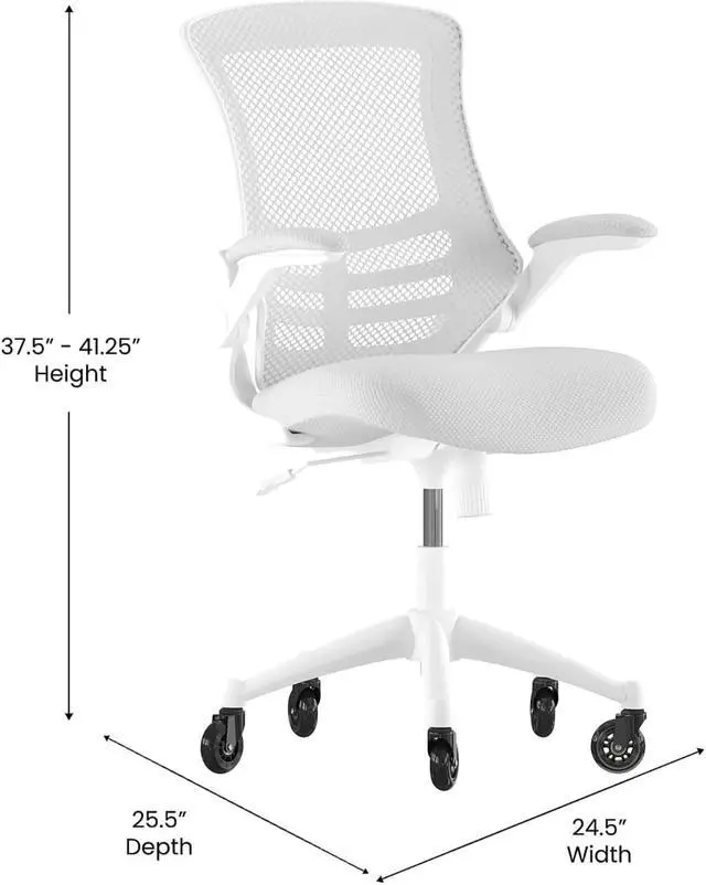 Alt view image 4 of 20 - Kelista Mid-Back Light Gray Mesh Swivel Ergonomic Task Office Chair with White Frame, Flip-Up Arms, and Transparent Roller Wheels