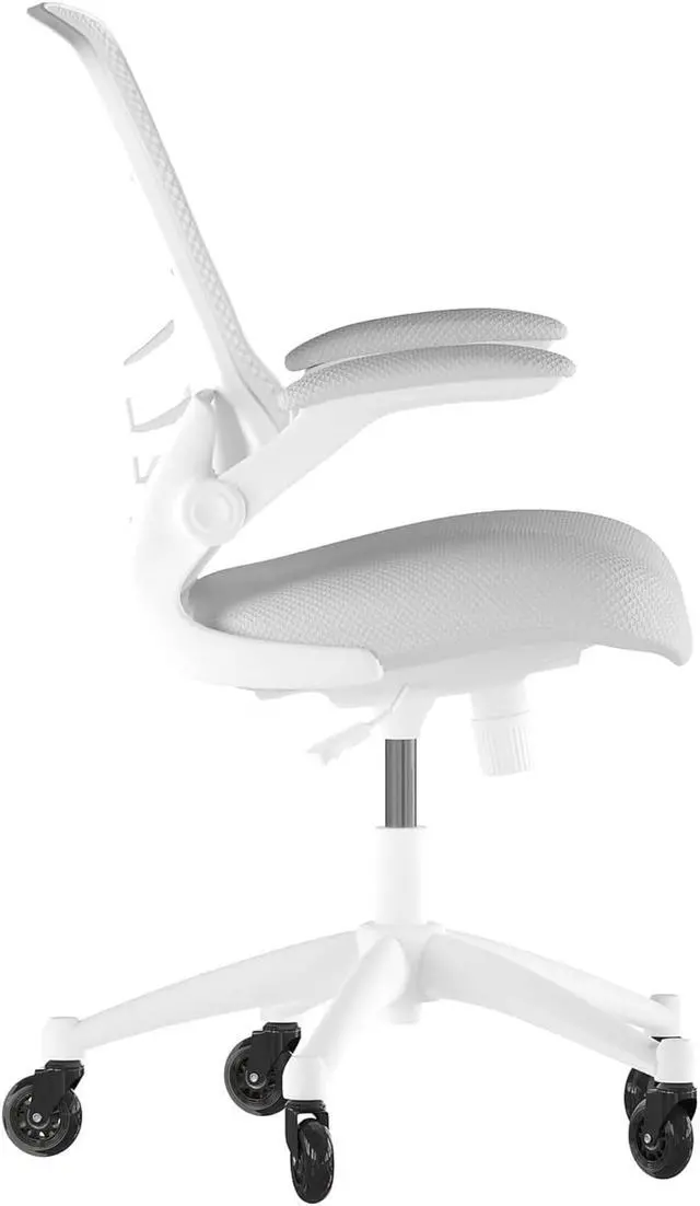 Alt view image 5 of 20 - Kelista Mid-Back Light Gray Mesh Swivel Ergonomic Task Office Chair with White Frame, Flip-Up Arms, and Transparent Roller Wheels