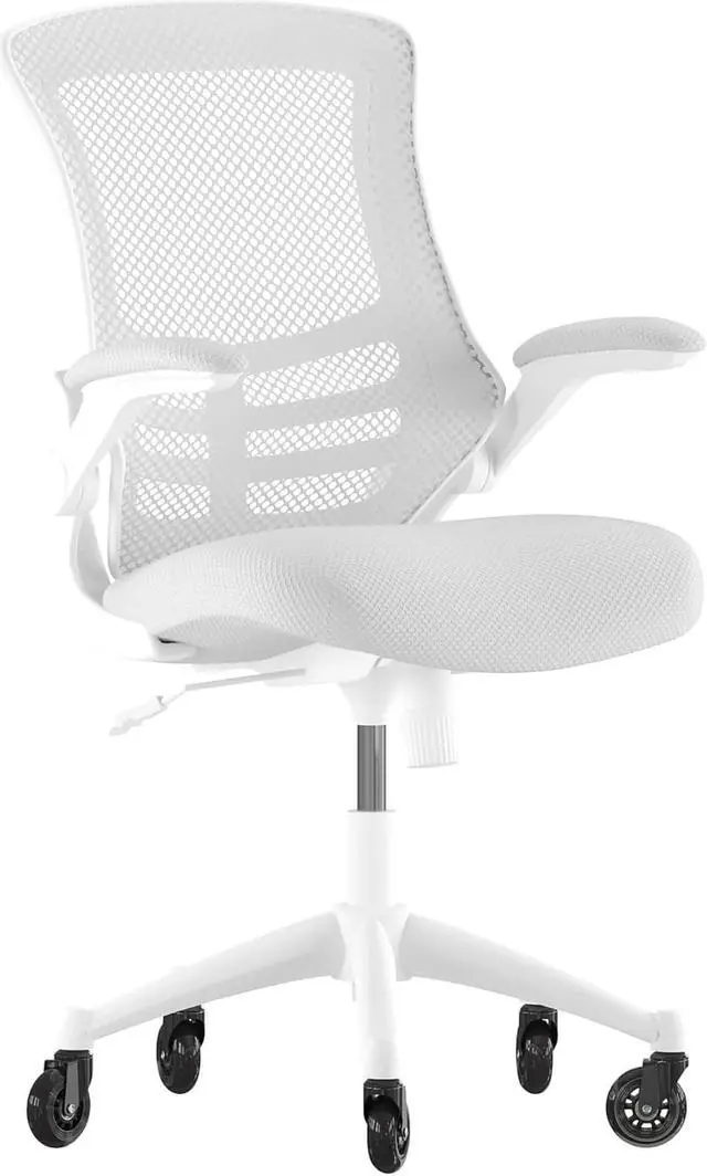 Alt view image 6 of 20 - Kelista Mid-Back Light Gray Mesh Swivel Ergonomic Task Office Chair with White Frame, Flip-Up Arms, and Transparent Roller Wheels