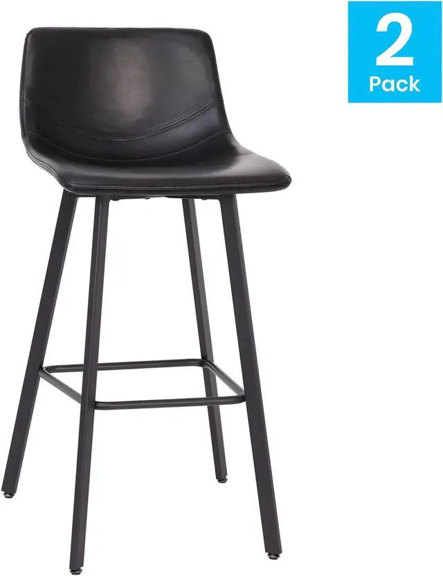 Main image of Caleb Modern Armless 30 Inch Bar Height Commercial Grade Barstools with Footrests in Black LeatherSoft and Black Matte Iron Frames, Set of 2