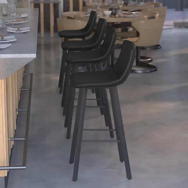 Alt view image 3 of 13 - Caleb Modern Armless 30 Inch Bar Height Commercial Grade Barstools with Footrests in Black LeatherSoft and Black Matte Iron Frames, Set of 2