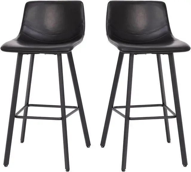 Alt view image 5 of 13 - Caleb Modern Armless 30 Inch Bar Height Commercial Grade Barstools with Footrests in Black LeatherSoft and Black Matte Iron Frames, Set of 2