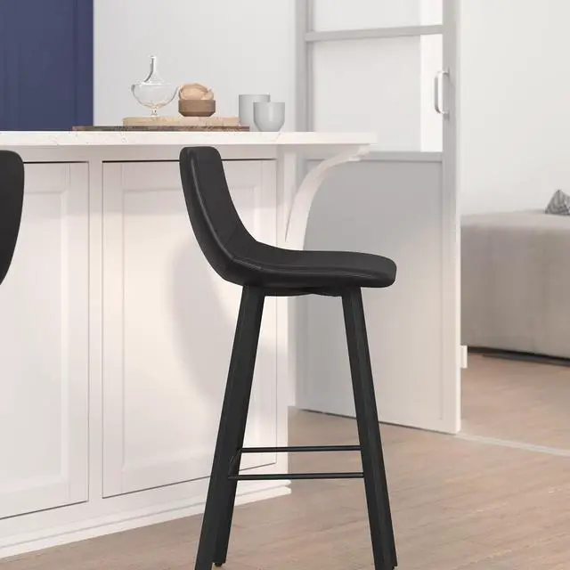 Alt view image 4 of 13 - Caleb Modern Armless 30 Inch Bar Height Commercial Grade Barstools with Footrests in Black LeatherSoft and Black Matte Iron Frames, Set of 2