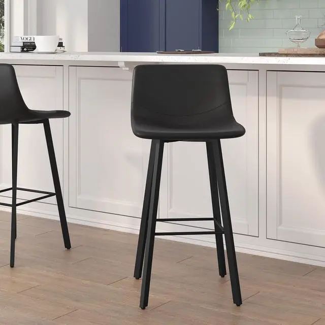 Alt view image 6 of 13 - Caleb Modern Armless 30 Inch Bar Height Commercial Grade Barstools with Footrests in Black LeatherSoft and Black Matte Iron Frames, Set of 2