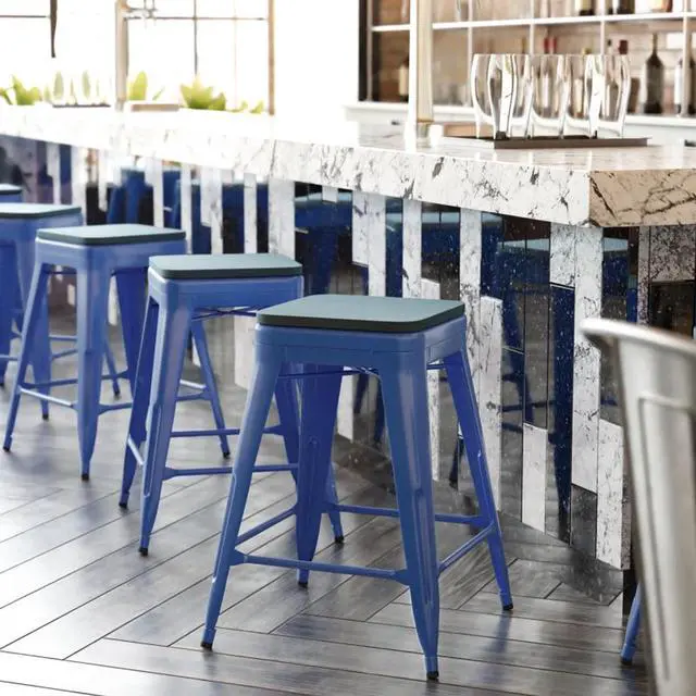 Alt view image 3 of 13 - Kai Commercial Grade 24" High Backless Blue Metal Indoor-Outdoor Counter Height Stool with Teal-Blue Poly Resin Wood Seat
