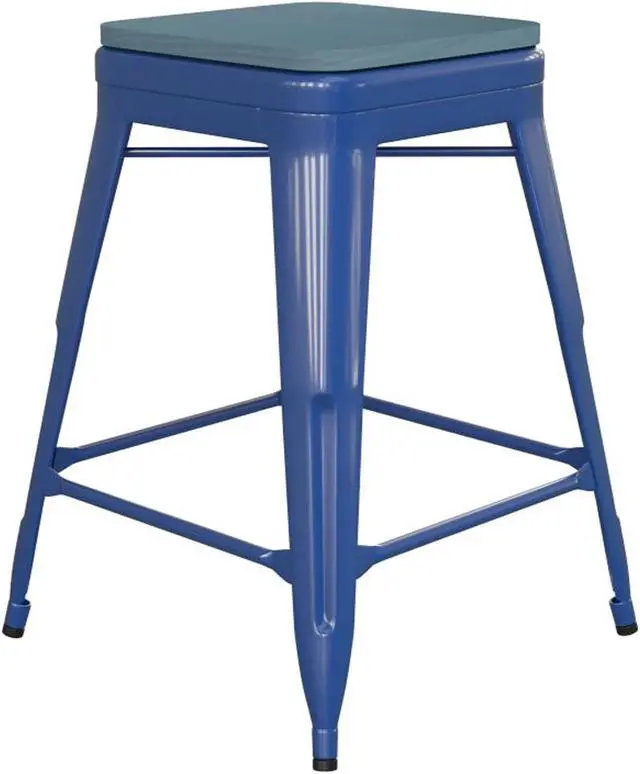 Alt view image 6 of 13 - Kai Commercial Grade 24" High Backless Blue Metal Indoor-Outdoor Counter Height Stool with Teal-Blue Poly Resin Wood Seat