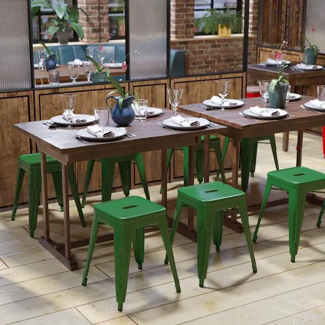 Alt view image 2 of 13 - 18" Table Height Stool, Stackable Backless Metal Indoor Dining Stool, Commercial Grade Restaurant Stool in Green - Set of 4