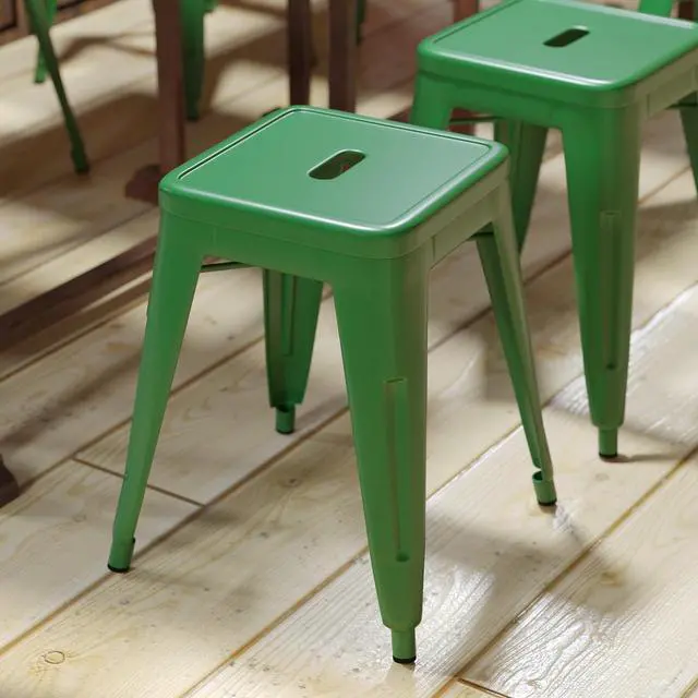 Alt view image 3 of 13 - 18" Table Height Stool, Stackable Backless Metal Indoor Dining Stool, Commercial Grade Restaurant Stool in Green - Set of 4