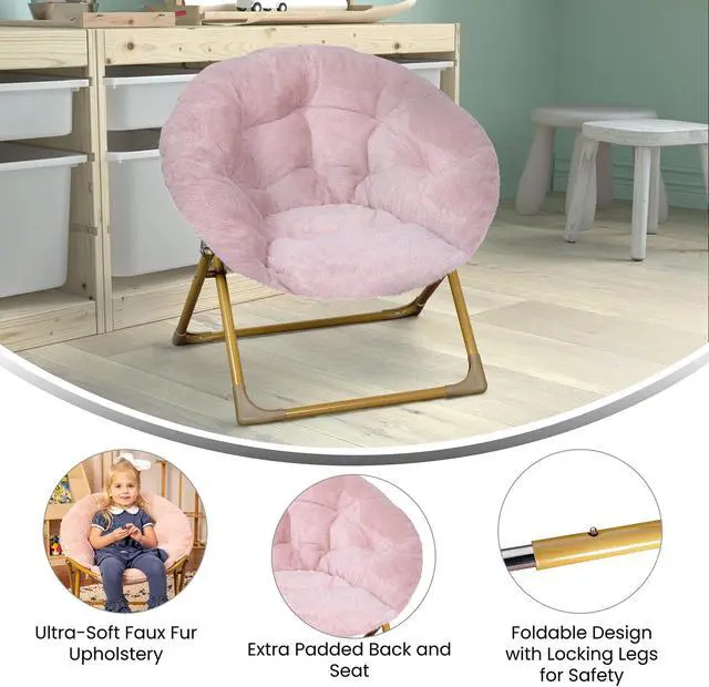 Alt view image 5 of 20 - Gwen 23" Kids Cozy Mini Folding Saucer Chair, Faux Fur Moon Chair for Toddlers and Bedroom, Blush/Soft Gold