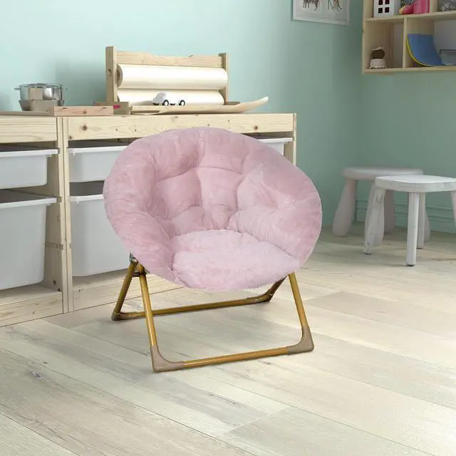 Alt view image 6 of 20 - Gwen 23" Kids Cozy Mini Folding Saucer Chair, Faux Fur Moon Chair for Toddlers and Bedroom, Blush/Soft Gold